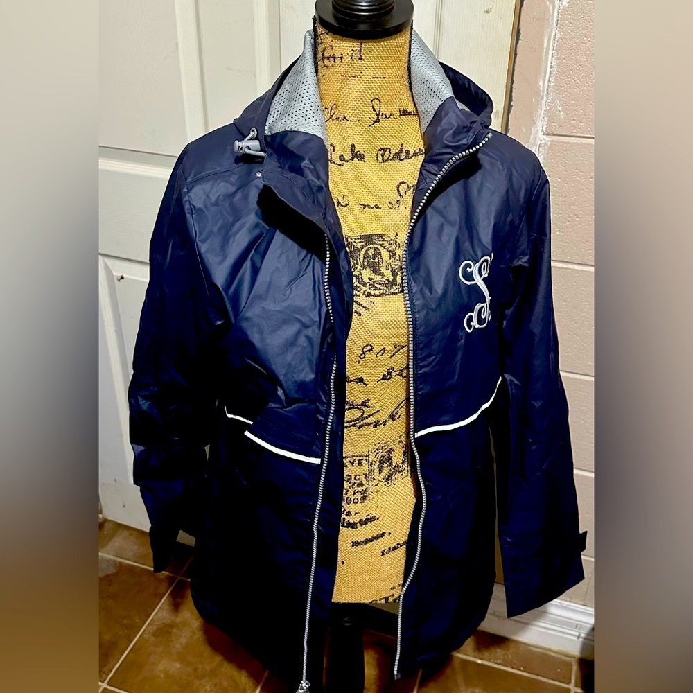 Charles River Rain Jacket Sz-Medium, Navy and Silver , embroidered with “S”